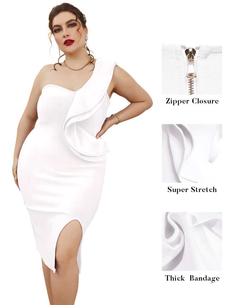 Meilun One Shoulder Ruffle Dress Side Split Bodycon Bandage Dress Wedding Guest Dress(White,S) - Image 3
